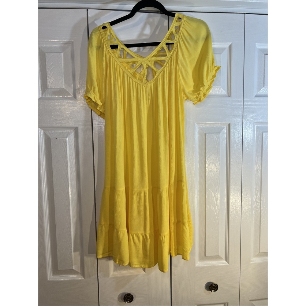 UMGEE Women's Yellow Ruffle Puff Sleeve Tiered Dress Cut-out Design Size Medium - Picture 6 of 9